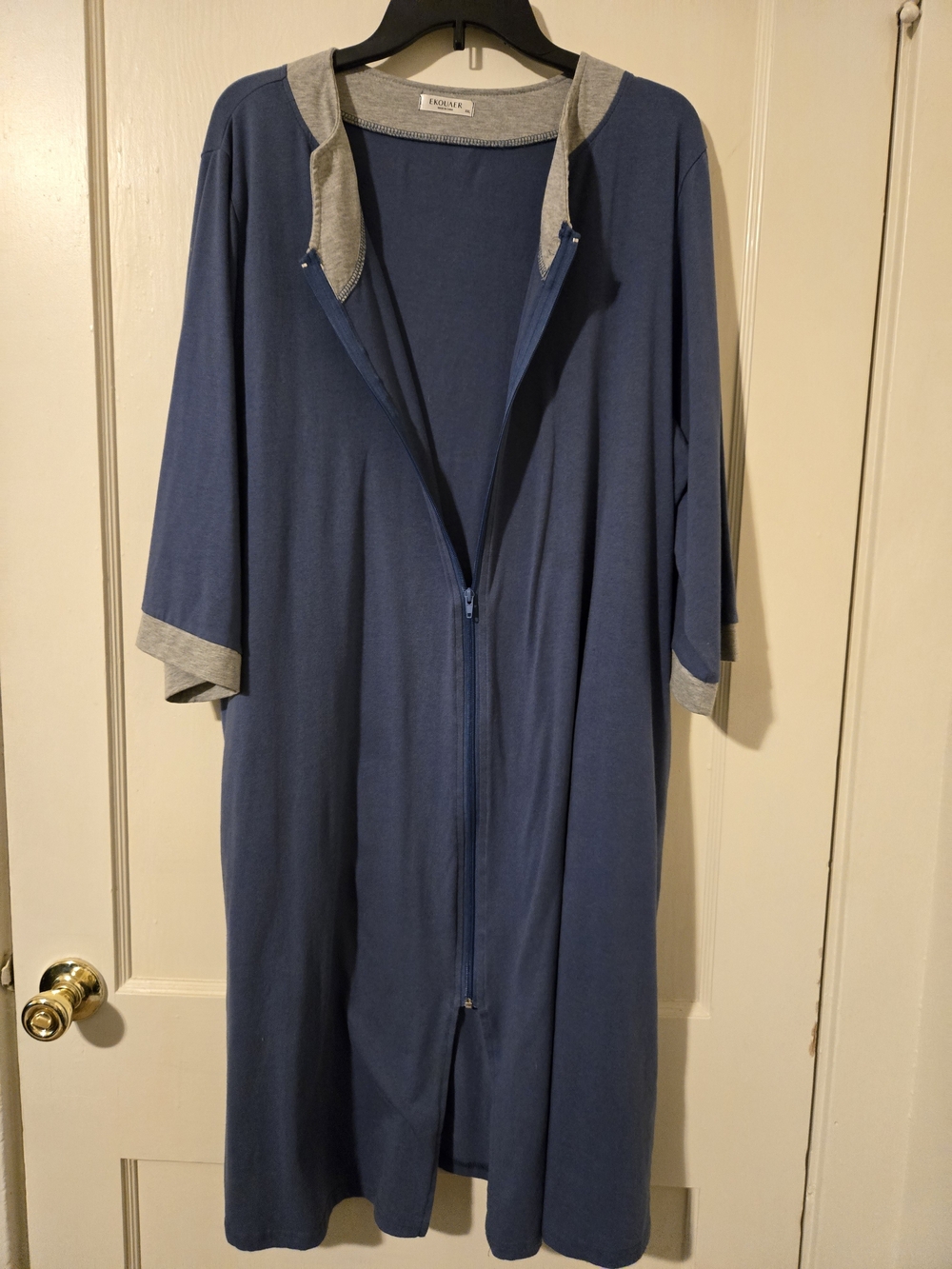 Women’s Blue Zip-Front Robe with Grey Trim.